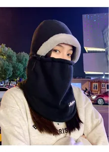 Winter warm fleece balaclava hat with integrated scarf and soft fur trim for outdoor riding.