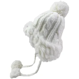 White plush knit trapper hat with pom pom, fleece lined thick warm winter bomber hat for women.