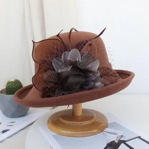 Détails du chapeau cloche en feutre de laine vintage avec élégant filet plume et fleur.