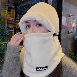 Winter warm fleece hooded scarf for women, windproof thermal cycling balaclava hat.