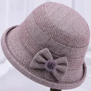 Retro Nylon Cashmere Woolen Cloche Hat For Women Elderly Winter Warm Thickened Herringbone Bucket Hat With Bow Pompom Decoration