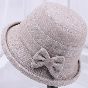 Women autumn winter woolen bucket hat, warm herringbone cloche hat with cute bow and pompom.