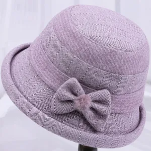Women winter woolen bucket hat thick warm grandma mother fisherman hat purple herringbone