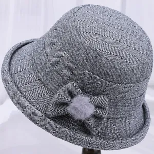 Winter woolen bucket hat for elderly women, thick warm herringbone fisherman hat with bow decor.