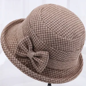 Women's Autumn Winter Warm Woolen Cloche Hat Elegant Houndstooth Fisherman Hat With Bow Middle-aged Elderly Basin Hat Casual Outdoor Travel Hat