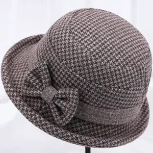 Thickened wool houndstooth bucket hat for women, elegant dome hat with side bow decor.