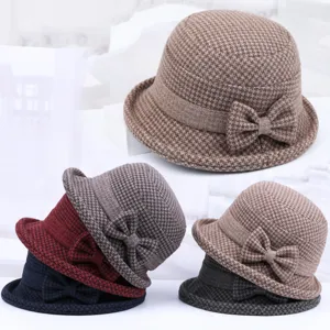 Women's autumn winter thick woolen bucket hat houndstooth bow basin hat for middle aged ladies