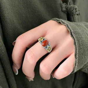 Sterling silver red agate ring detail, vintage Chinese style green flower Thai silver close up