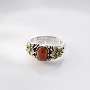 Vintage S925 sterling silver red agate ring with exquisite green floral enamel details.