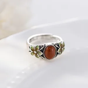 Exquisite S925 sterling silver retro Chinese style ring with red carnelian and green floral details.