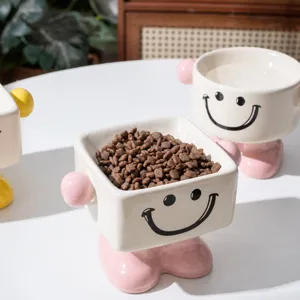 Ceramic elevated cat bowl cute smiley face pet food water dish for feeding dogs kittens