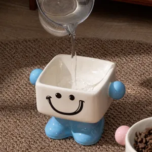 Cute ceramic cat bowl with arms and legs, smooth glaze design for easy daily pet feeding and water.