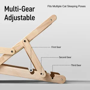 Adjustable wooden cat lounge chair and scratching bed, durable pet furniture for resting.