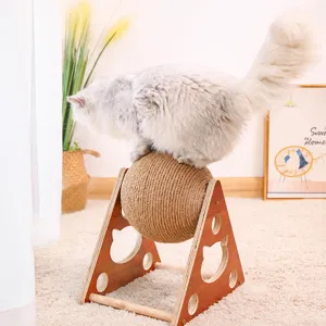 Wooden cat scratch ball toy with sisal rope and stand, perfect for indoor cats and kittens.