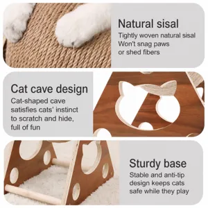 Wooden cat scratcher toy with natural sisal rope and climbing frame for cats and kittens.