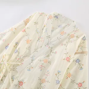 Cotton gauze floral kimono robe detail showing soft fabric wrap style and cute print.