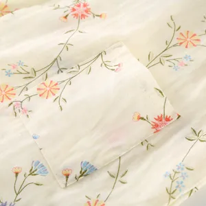 Detailed view of women's pure cotton gauze bathrobe featuring a delicate floral print and pocket.