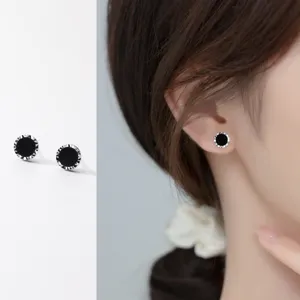Boucles d'oreilles clous agate noire argent S925 bord sculpté rond mode élégante chic