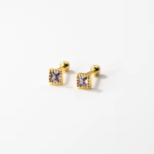S925 Silber lila quadratische Zirkonia Ohrstecker koreanischer geometrischer Schmuck Damen