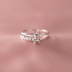 S925 Sterling Silver Cute Bear Double Layer Ring Korean Fashion Style Jewelry for Women
