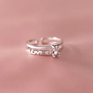 S925 silver double layer ring with cute bear and lovely letters, minimalist fashion jewelry.