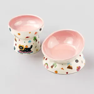 Ceramic Elevated Cat Bowl Cute Cartoon Pet Food Water Bowl Non Slip Neck Protection Feeder For Cats Kittens