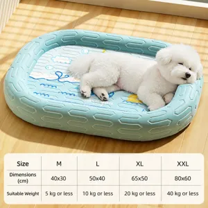Breathable cooling pet bed for dogs and cats, latex ice silk material with detailed size chart.
