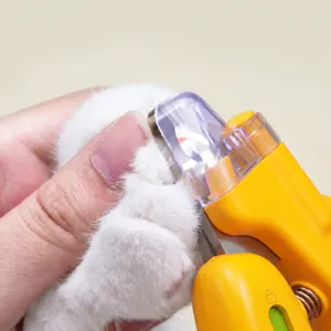 LED pet nail clipper with light, banana shape nail cutter for cats and dogs, safe claw trim tool.