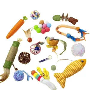 Katzen Spielzeugset mit Plueschkarotten, Federn, Baellen und Fischplush fuer Kätzchen.