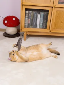 Detailaufnahme eines Feder-Katzenspielzeugs mit langem Stab für unterhaltsamen Haustierspaß.