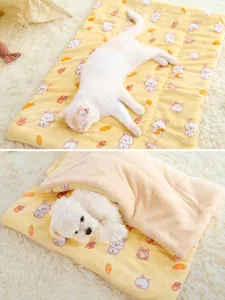 Soft flannel pet blanket with cute bunny print, warm sleeping mat for dogs and cats in winter.