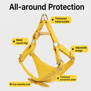 Yellow suede pet dog harness adjustable vest with metal rings and cute bow detail for small puppies.