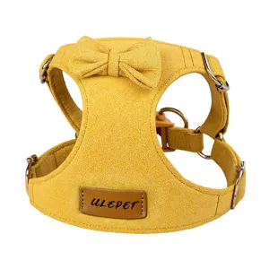 Yellow suede dog harness vest with cute bow, soft breathable pet walking strap for small dogs.