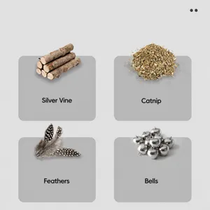 Cat toy components including silver vine catnip feathers and bells for interactive pets.