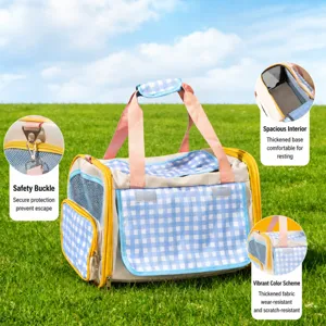 Breathable pet carrier bag for cats and dogs, portable travel tote with large capacity.