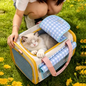 Breathable pet carrier bag for cats and dogs, portable outdoor travel pet backpack with large capacity.