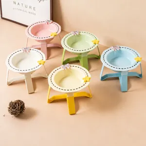 Ceramic Cat Bowl Elevated Iron Stand Dashed Line Pet Feeding Bowl Neck Protection Food Water Bowl For Cats