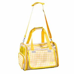 Yellow checkered pet carrier bag, breathable mesh, portable cat and dog travel bag.