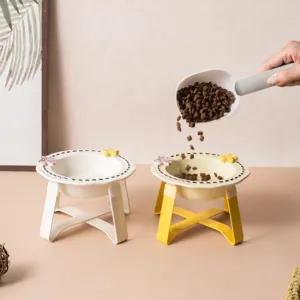 Elevated cat bowl with ceramic dish and standing rack for pet feeding neck protection.