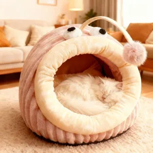 Cama de felpa para gatos semi-cerrada, cueva cálida y suave para mascotas en invierno.