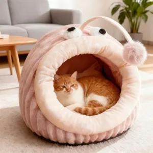Cama para mascotas de felpa semicerrada, acogedora para gatos y perros, rosa de invierno.