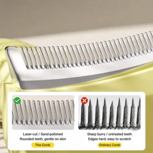 Close-up detail of pet grooming comb metal teeth, smooth rounded tips for safe pet undercoat care.