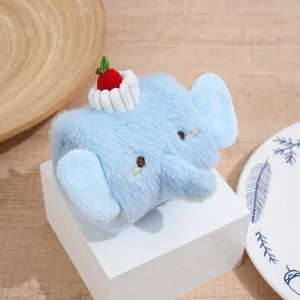 Detailed view of the cute blue plush elephant swiss roll cat toy with strawberry.