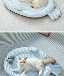 Blue fish shape pet cooling mat detail view with breathable fabric for cats and dogs summer.