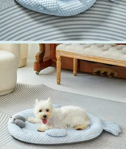 Blue textured pet cooling mat detail, summer breathable mesh fabric for dogs and cats.