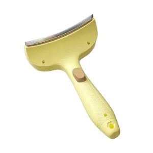 Pet deshedding comb for cats and dogs, effective undercoat rake with ergonomic yellow handle.