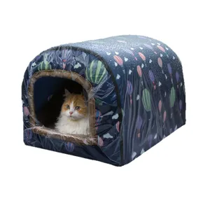 Waterproof outdoor stray cat house tent with cute hot air balloon pattern for winter warmth.