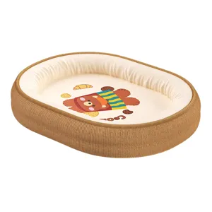 Cozy pet bed with cute cartoon bear pattern, soft cushion and corduroy rim for small dogs.
