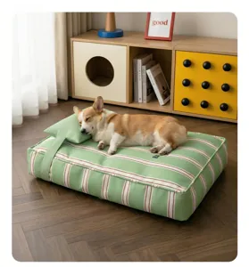 Green striped pet bed with matching pillow, comfortable sleeping mat for cats and dogs.