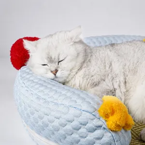 Cooling cat bed pet sofa cooling mat with raised pillow breathable rattan pet sleeping nest